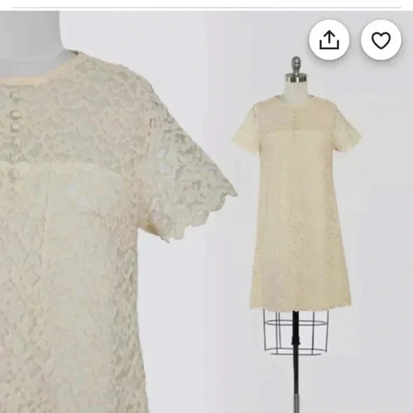 Vintage 60s Ivory Lace MOD Short Sleeve Dress Sz Small Summer Knee Length - Picture 10 of 12